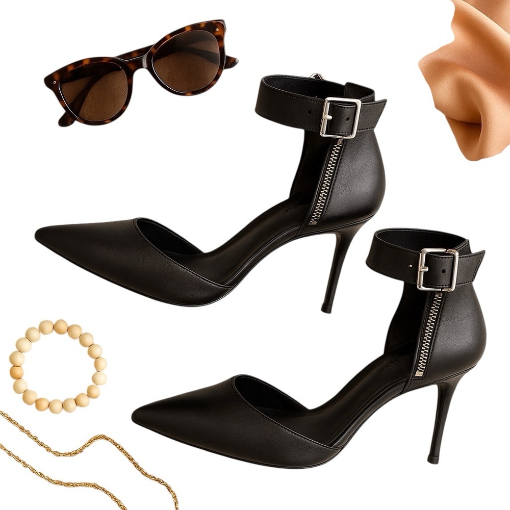 Schutz Black Leather Pointed Toe Stilettos Ankle Strap Zip Heels Size 9B / EU 40 - Picture 2 of 12